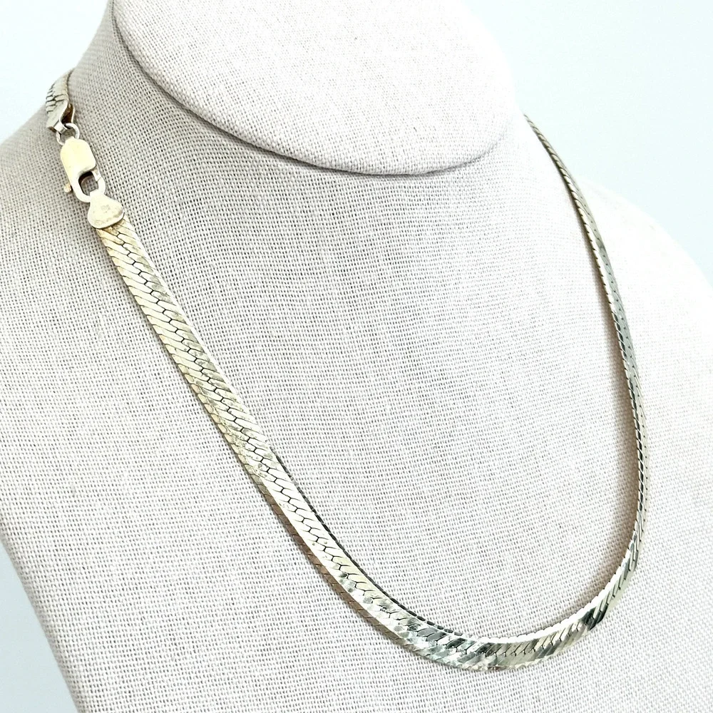 925 Italy Sterling Silver Gold Vermeil Vintage 6.5MM Herringbone Chain Necklace - Picture 8 of 9